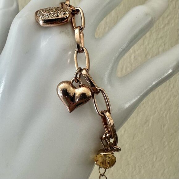 Rose Gold-Tone Charm Bracelet with Hearts,  faux Pearl & Carved Rose - Picture 5 of 8